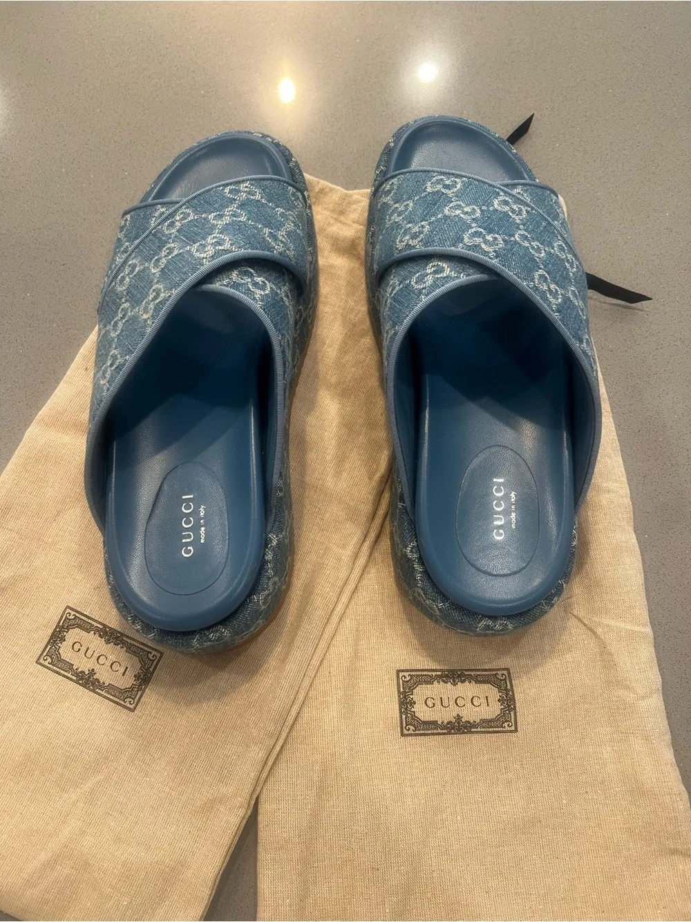 Gucci Blue GG Denim Crisscross Slide Sandals